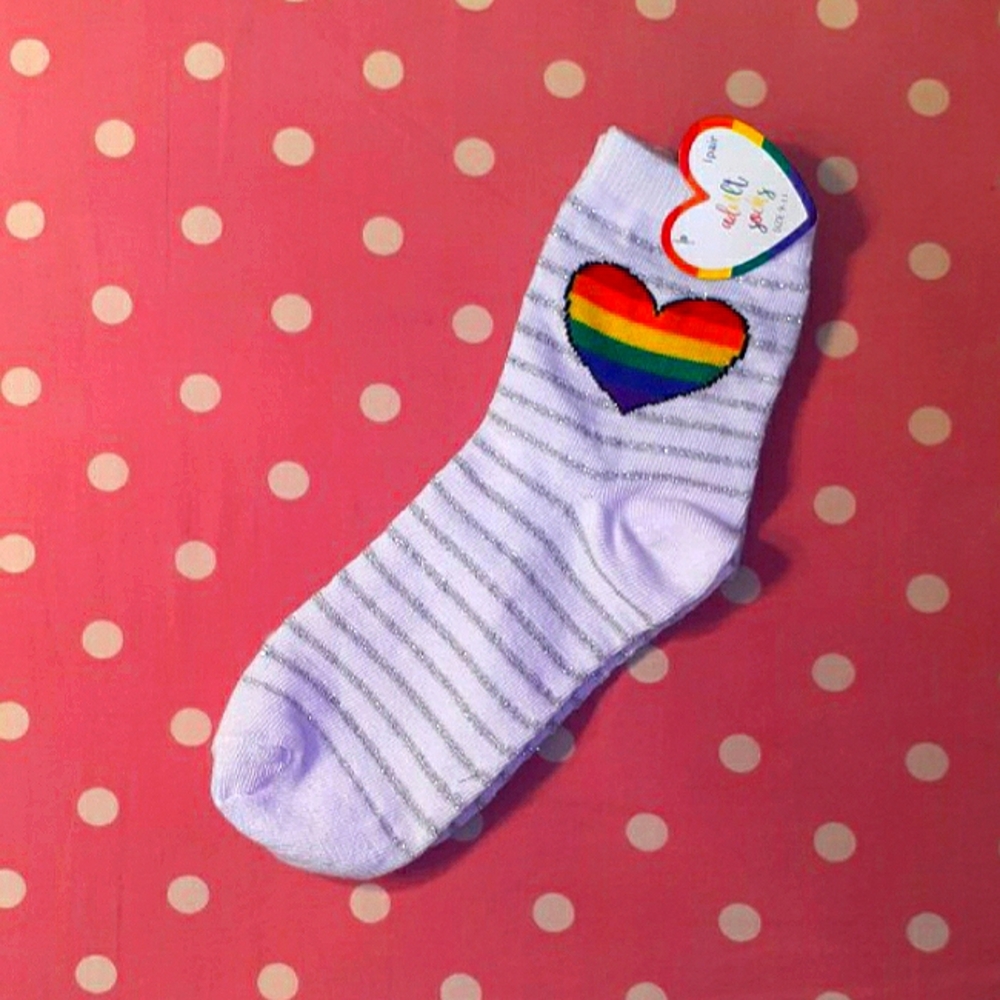White Rainbow Heart Pride Socks Size 9 - 11